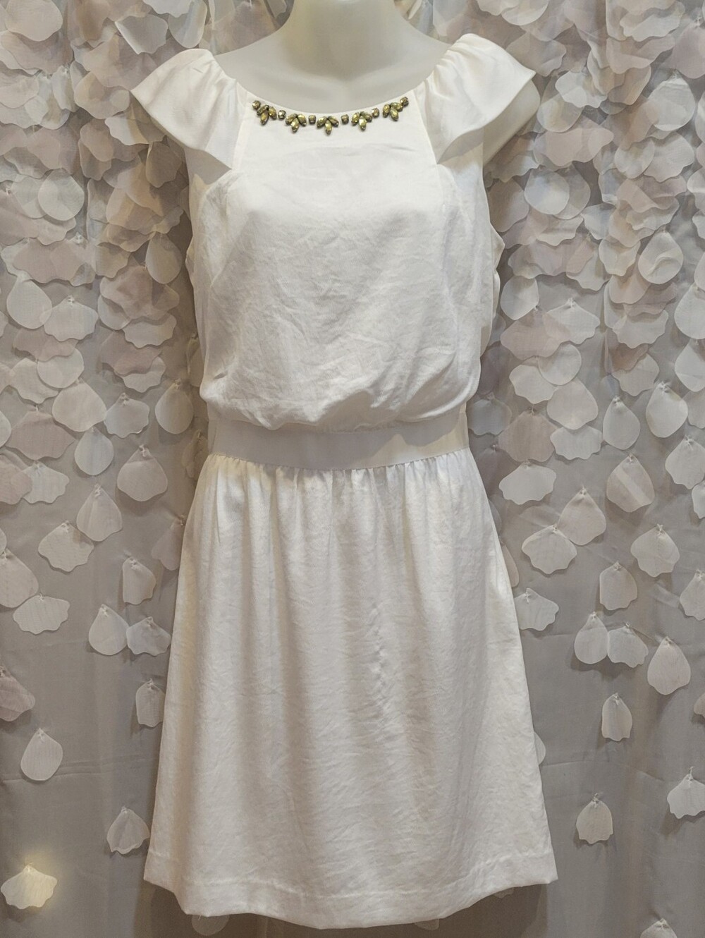 LOFT Size 8 White Mini Dress with Beaded Neckline